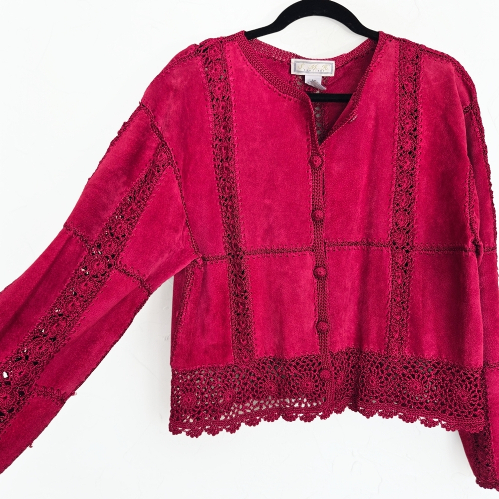 Vintage Suede Leather Crochet Rasberry Pink Jacket - Picture 12 of 12